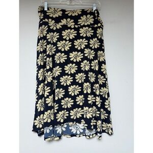 LuLaRoe Floral Maxi Skirt Navy Cream Large Elastic Waist A Line